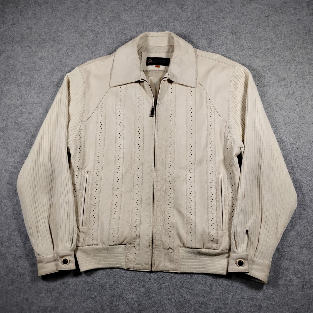 Maxini Vintage Leather Knit Hybrid Bomber Jacket Mens Small Cream